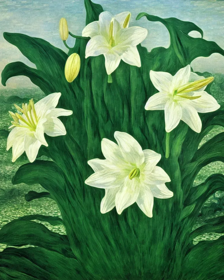 Image similar to achingly beautiful close - up painting of one giant white lily on green background rene magritte, monet, and turner. piranesi.