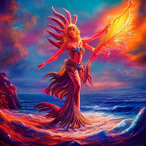 Image similar to warrior sea merfolk goddess full frame casting a spell, beautiful composition, wide angle, colorful, cinematic, volumetric lighting, intricate details painting