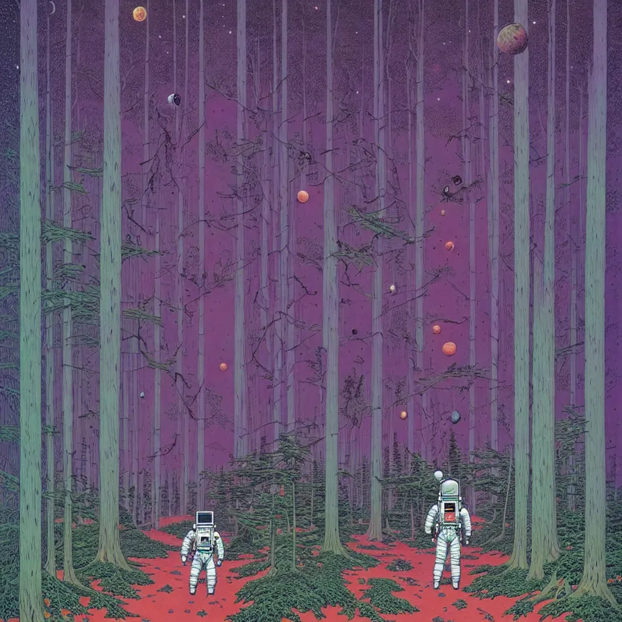 Image similar to ( ( ( ( an astronaut walking through a mysterious forest, with decorative frame design ) ) ) ) by mœbius!!!!!!!!!!!!!!!!!!!!!!!!!!!, overdetailed art, colorful, artistic record jacket design