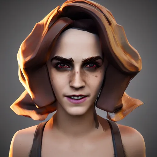 Image similar to textured film grain eye shadow smoky eyes subsurface scattering fashion model face smiling laughing squinting emma watson as a fortnite character cgsociety octane render unreal engine redshift render trending on artstation trending on artstation render blender behance cg superhero