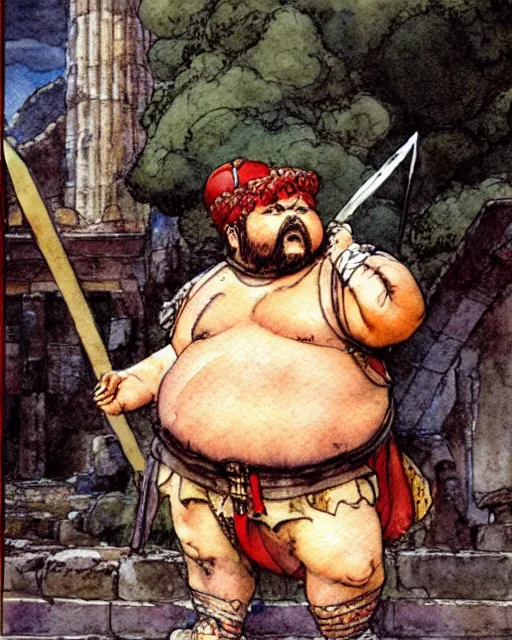 Image similar to a realistic and atmospheric watercolour fantasy character concept art portrait of a fat adorable chibi shih tzu roman centurion in a roman temple, by rebecca guay, michael kaluta, charles vess and jean moebius giraud