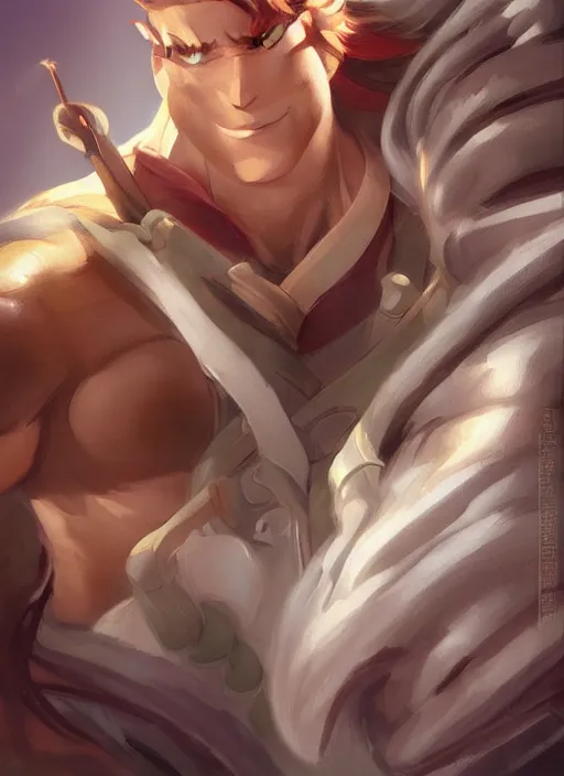 Image similar to official digital painting artwork of a male warrior character by don bluth, artgerm ross tran and studio ghibli.