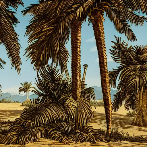 Prompt: old testament Court of Deborah under palm tree, cinematic, establishing shot, extremely high detail, shining, photo realistic, cinematic lighting, intricate line drawings, 8k resolution