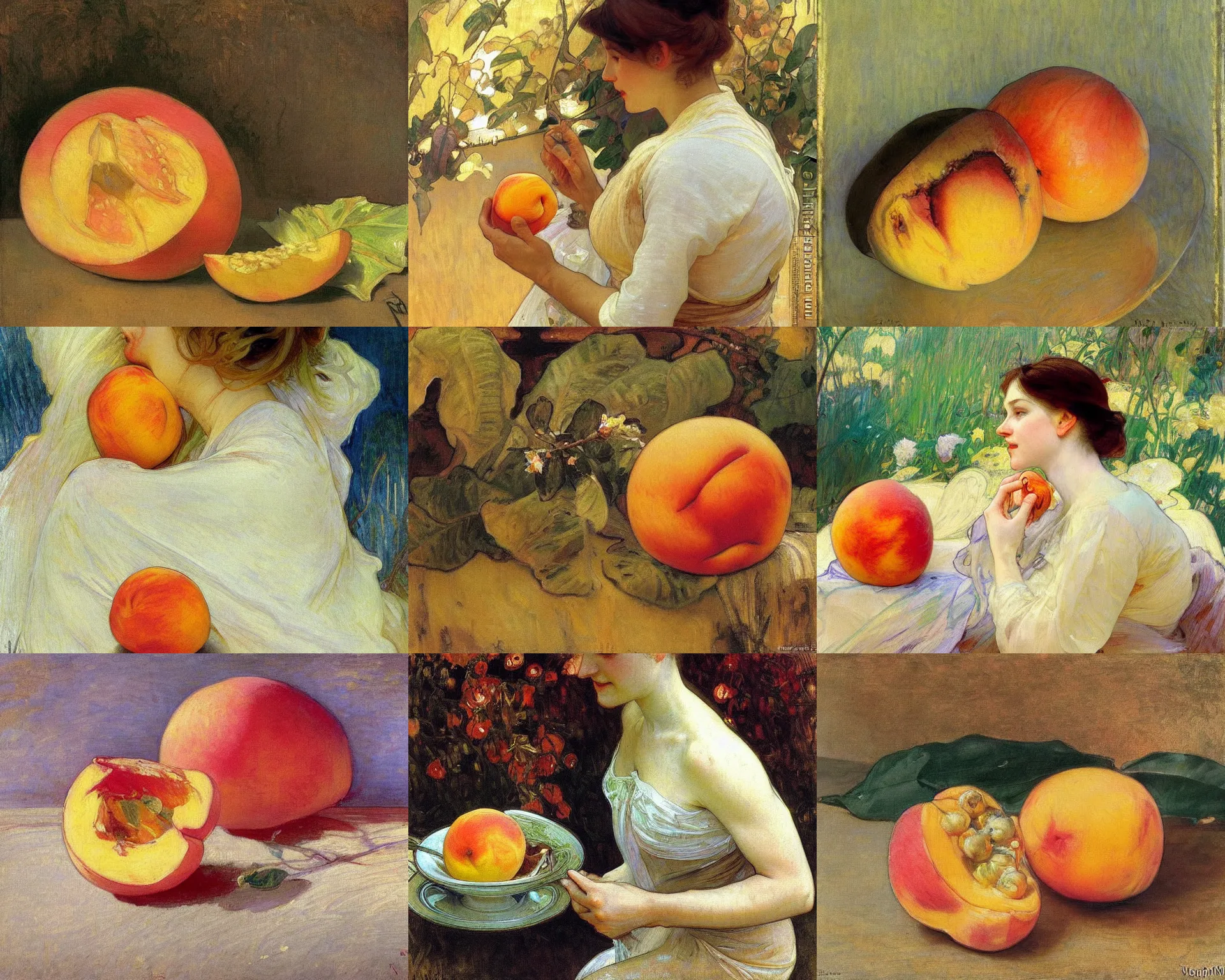 Prompt: a painting of a fruit peach, richard schmid, john singer sargent, alphonse mucha