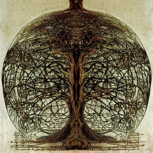 Image similar to leonardo da vinci color intricate full page scan artistic drawing of the world tree, on paper, black ball pen style, :: ultra-detailed technical precision :: mixed media with white and silver lines, realistic composition, point of interest at golden ratio, light from right, more darkness on the bottom, monumentally art composition, high quality of sketching with subtle hairlines, highly detailed rounded forms, inside out and outside in, octane render