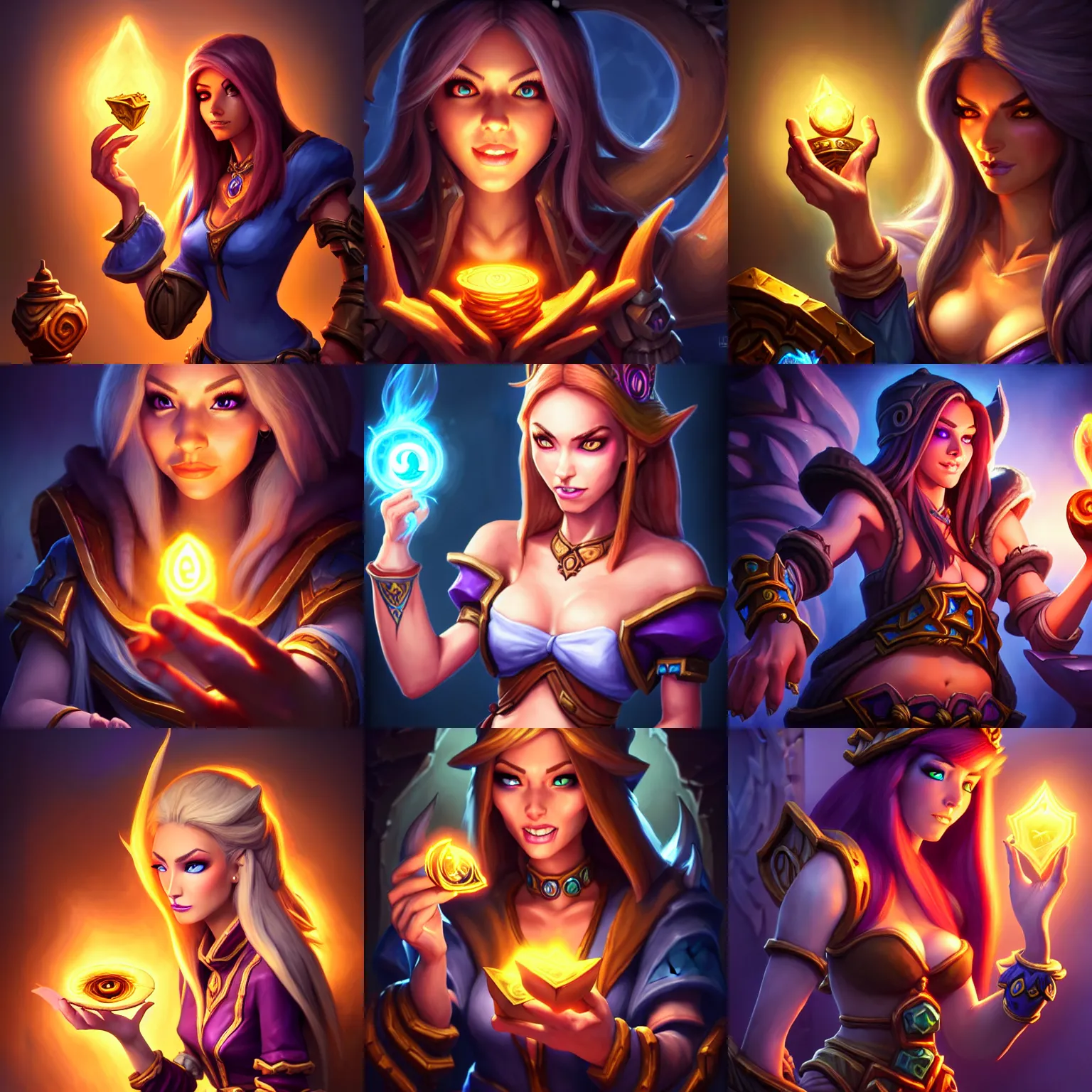 Prompt: Full body Hearthstone official professional art, with realistic beautiful face & eyes. A sorceress finding a treasure. Insanely coherent and well drawned physical body parts (hands, 5 fingers). Full body, sharp focus, 8k high definition, insanely detailed, intricate, elegant, smooth, sharp focus, ArtStation