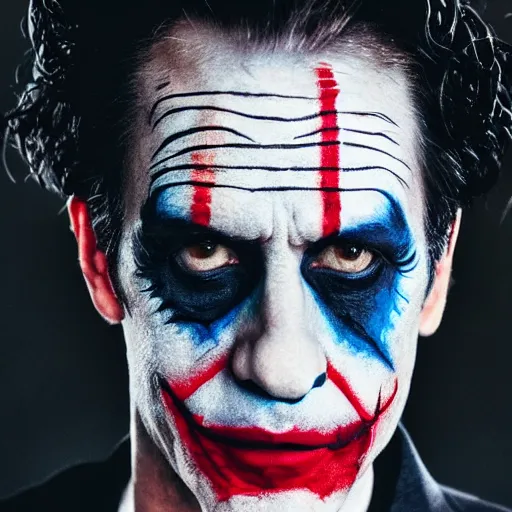 Image similar to cinematic head shot of julius caesar with joker face paint on his face, 8 k, very detailed, very intricate,