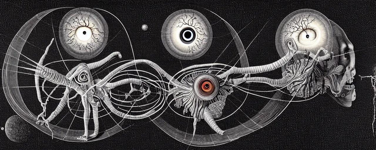 Image similar to a giant visceral anatomical eyeball sings a unique canto about'as above so below'to the a cosmic cochlea, while being ignited by the spirit of haeckel and robert fludd, in honor of saturn's day, painted by ronny khalil