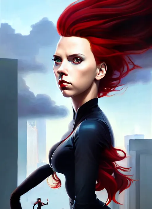 Image similar to peter mohrbacher, phil noto, artgerm, pretty scarlett johansson black widow, symmetrical eyes, long red hair, full body, city rooftop