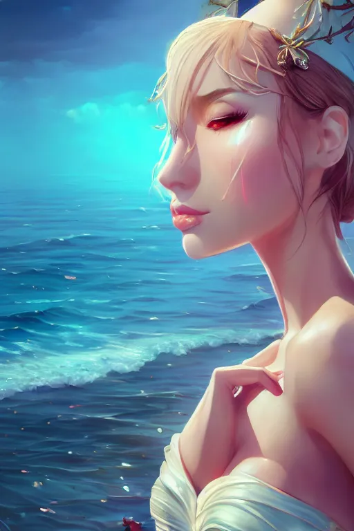 Image similar to a beautiful fashion goddness of love, chic strapless dress, tropical sea background, character design, in the style of artgerm, and wlop, cinematic lighting, hyperdetailed, 8 k realistic, symmetrical, global illumination, radiant light, frostbite 3 engine, cryengine, dof, trending on artstation, digital art