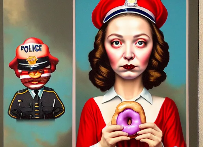 Prompt: a police officer with donut face, lowbrow, matte painting, 3 - d highly detailed, in the style of mark ryden,