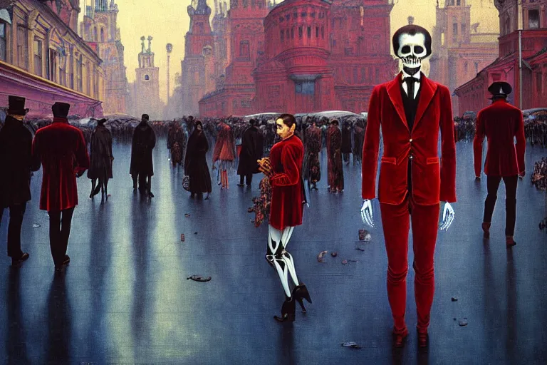 Image similar to realistic detailed photorealistic film portrait shot of a single skeleton wearing crimson velvet blazer in a crowded futuristic moscow street by Denis Villeneuve, Amano, Yves Tanguy, Alphonse Mucha, Ernst Haeckel, Andrei Tarkovsky, Edward Robert Hughes, Roger Dean, rich moody colours, wide angle, blue eyes