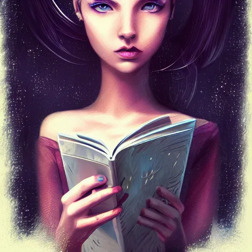 Prompt: a girl reading book, sci-fi, glossy eyes, face, long hair, fantasy, intricate, elegant, highly detailed, digital painting, artstation, concept art, smooth, sharp focus, illustration