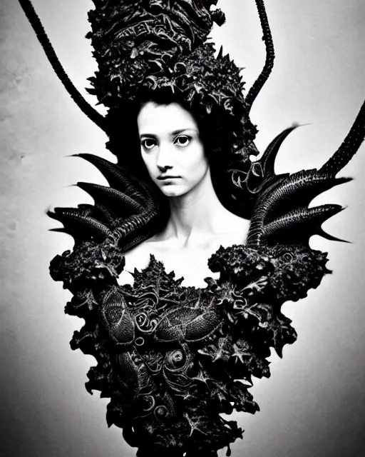 Prompt: dark background, a black and white high quality dreamy photo of a young beautiful female queen-dragon-vegetal-cyborg bust with a very long neck and delicate Mandelbrot fractal face, elegant, highly detailed, flesh highly baroque ornate, hair are curled wired cables, elegant, poetic, soft, dreamy, mysterious, high fashion, rim light, in the style of Ellen von Unwerth, Realistic, Refined, Digital Art, Highly Detailed, Cinematic Lighting, rim light, black and white, photo-realistic, 8K