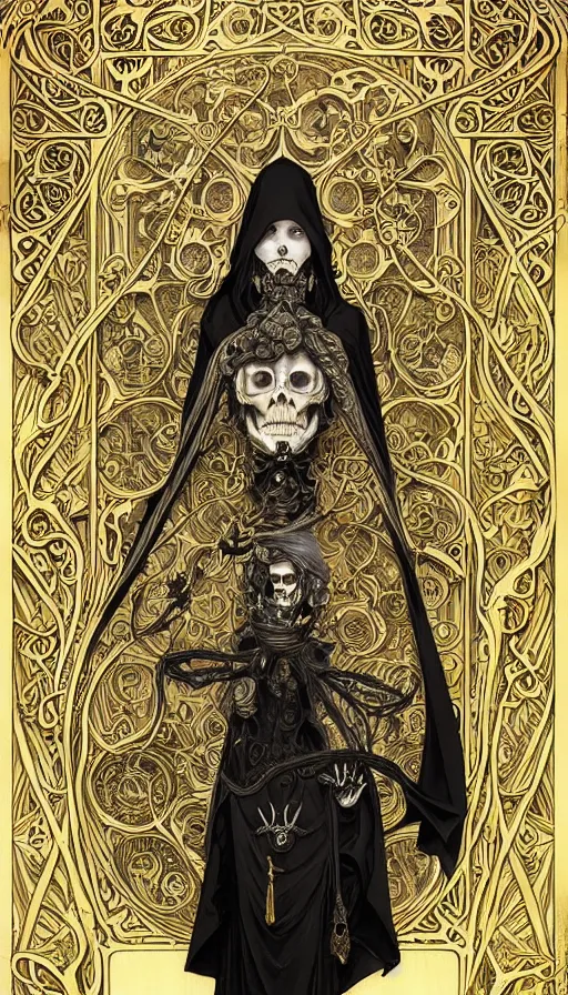 Image similar to a skeleton in a black cloak, highly detailed, very intricate, art nouveau, gold filigree, left right symmetry, tarot concept art watercolor illustration by mandy jurgens and alphonse mucha and alena aenami, featured on artstation