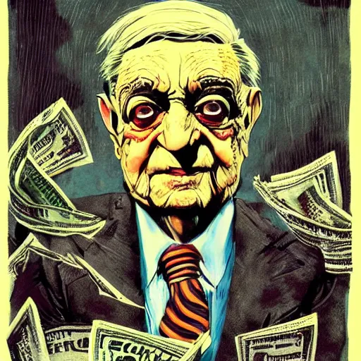 Image similar to George Soros full body shot, dollar bills Body horror, biopunk, by Ralph Steadman, Francis Bacon, Hunter S Thompson