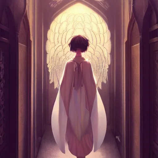 Prompt: angelic girl in intricate clothing walking a cathedralic hallway at night, wlop, ilya kuvshinov, artgerm, krenz cushart, greg rutkowski, sana takeda