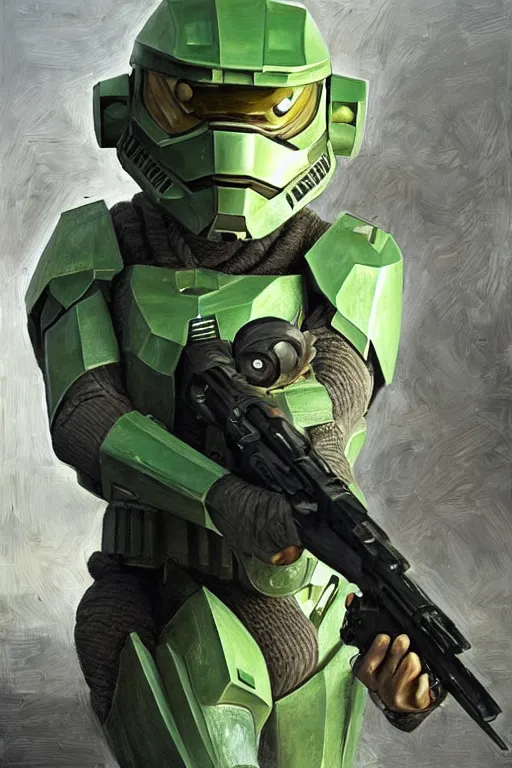 Image similar to master chief playing yoda in the new star wars movie, oil on canvas, intricate, portrait, 8 k highly professionally detailed, hdr, cgsociety