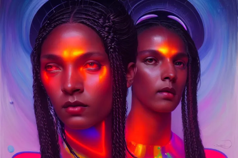 Prompt: patron saint of 🛸🌈👩🏾, long braids, futuristic clothing, neon god of city character portrait, in the style of moebius, tom bagshaw, and waterhouse, cinematic lighting, beautiful, elegant, sharp focus, oil painting,