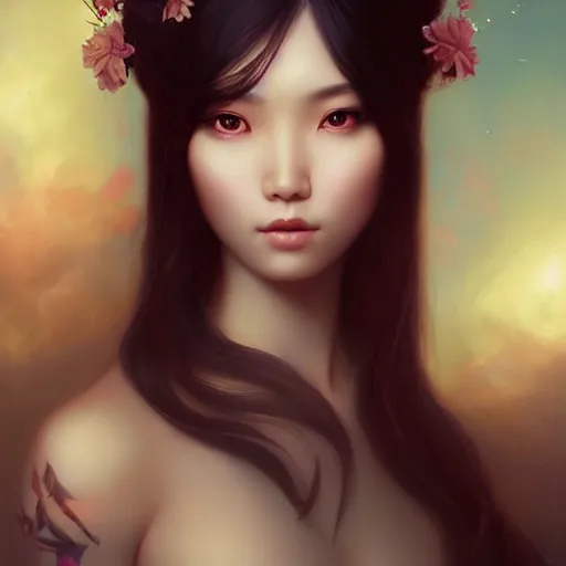 Prompt: gorgeous asian woman by tom bagshaw, artgerm, jeremiah ketner, beeple and charlie bowater, soft lighting, solid background,