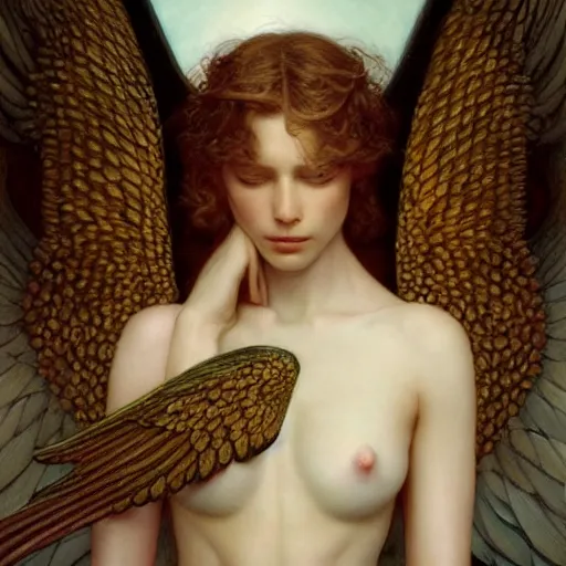 Prompt: epic masterpiece full body portrait a beautiful female angel, flawless skin, perfect body, perfectly formed wings, by Edgar Maxence and Ross Tran and Michael Whelan