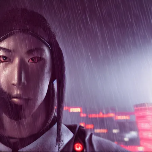 Image similar to cyberpunk samurai in a dytopian future, ultra realistic, fog, raytracing, reflections, rain, octane render