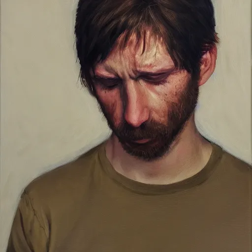 Image similar to portrait of a sleepy - looking programmer guy begging for forgiveness, oil on canvas, masterwork, fine detail, trending on artstation, emotive, insanely compelling