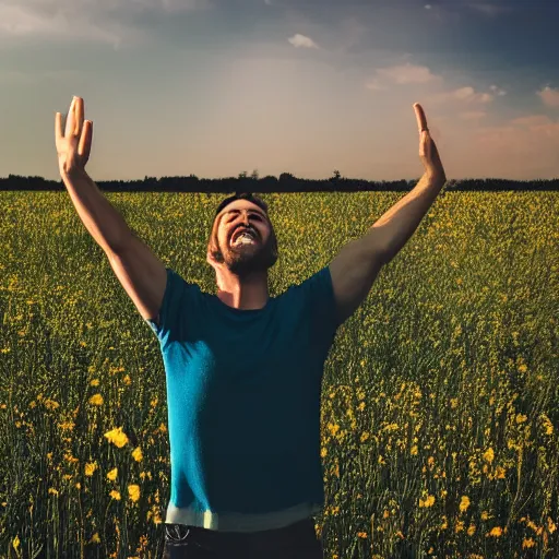 Image similar to happy man standing in a field with arms in the air