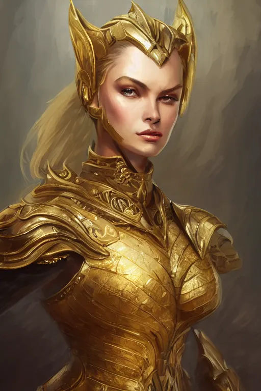 Image similar to three-quarters portrait pose of a beautiful woman, strong body, shining gold armor, human warrior, fantasy, intricate, elegant, highly detailed, digital painting, artstation, concept art, matte, sharp focus,D&D, illustration, art by Stanley Lau