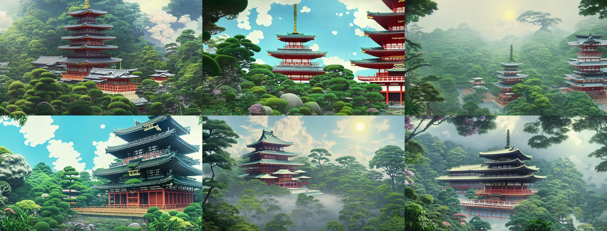 Prompt: misty clouds, japanese buddhist temple with lush plants and secret doors, wes anderson style hotel temple, magic chairlifts. hyper detailed, architectural concept, full building, dynamic angle, intricate, lineart, cerpuscular rays, lily flowers. by yoshitaka amano, alfons mucha and makoto shinkai. 8 k