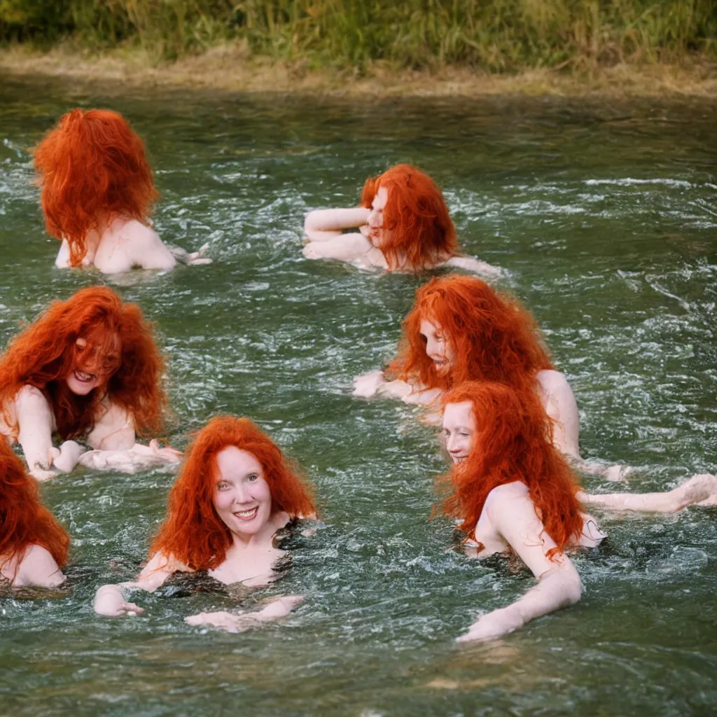 Prompt: lovely 7 0's 1 6 mm photograph of two long haired redhead women having fun swimming in a creek, golden hour, soft light, sun reflecting off of the water, 4 k