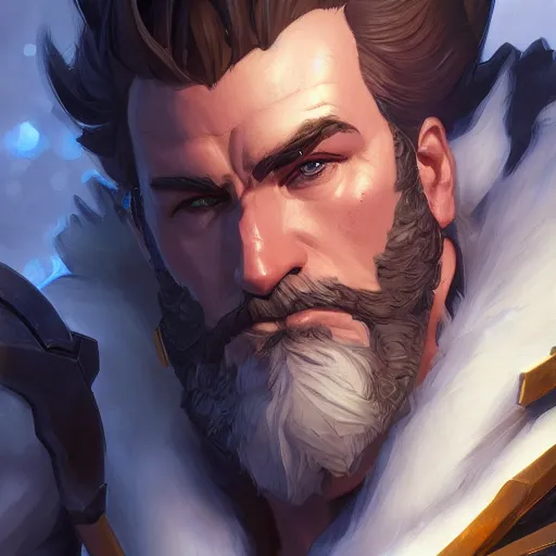 Image similar to Closeup of Reinhardt from Overwatch, D&D, fantasy, intricate, elegant, highly detailed, digital painting, artstation, concept art, matte, sharp focus, illustration, hearthstone, art by Artgerm and Greg Rutkowski and Alphonse Mucha