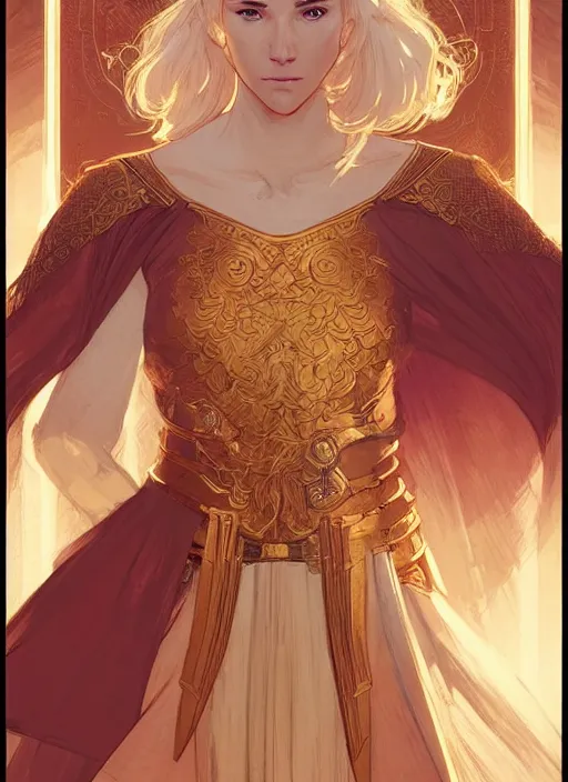 Image similar to concept art of a beautiful gold haired female healer. game of thrones character design by laurie greasley and sherree valentine daines concept art, matte, sharp focus, illustration, hearthstone, art by artgerm and greg rutkowski and alphonse mucha