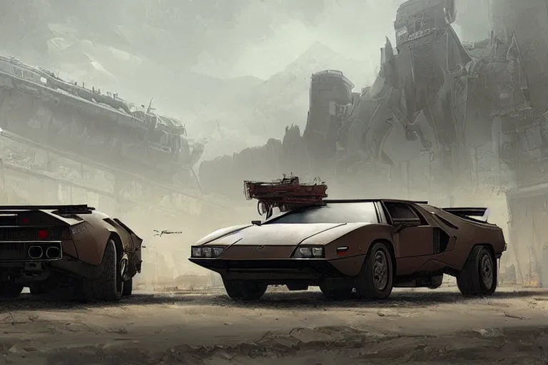 Image similar to dieselpunk countach, highly detailed, digital painting, artstation, concept art, sharp focus, illustration, art by raphael lacoste and greg rutkowski