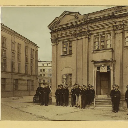 Image similar to by william henry hunt ornamented. the experimental art of a police station in the lithuanian city of vilnius. in the foreground, a group of policemen are standing in front of the building, while in the background a busy street can be seen.