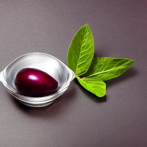 Image similar to a single plum, floating in perfume, served in a mans hat