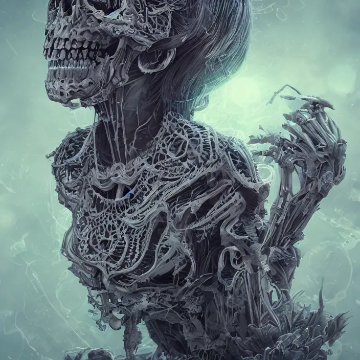 Prompt: portrait of Riae as a skeleton. intricate abstract. intricate artwork. nightmare fuel. by Tooth Wu, wlop, beeple, dan mumford. octane render, trending on artstation, greg rutkowski very coherent symmetrical artwork. cinematic, hyper realism, high detail, octane render, 8k, iridescent accents