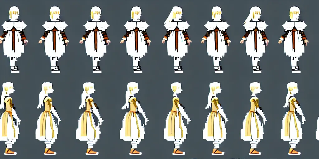 Image similar to walking cycle sprite sheet of a girl in a renaissance dress, walking to the right, each sprite is a different frame of the animation, in the style of final fantasy games, side view of her taking steps, accurate walk cycle, walk cycle, walk cycle, peasant clothes, always wearing the same clothes