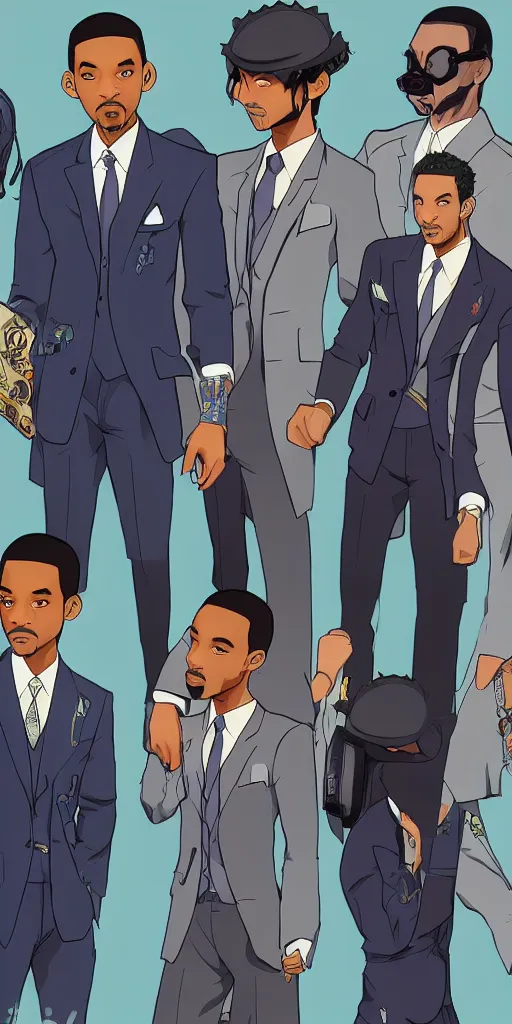 Image similar to will smith wearing luxury suits as a gacha game rare character, cartoon, anime, trend in pixiv, cool color pattern