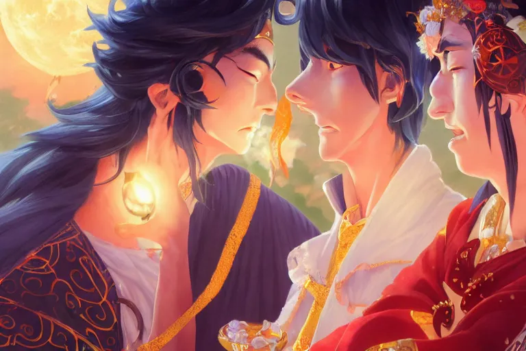 Image similar to close up moment of a divine a japan sun god and a moon goddess lovers magician at a wedding banquet, highly detailed, d & d, fantasy, 4 k realistic, digital painting, trending on artstation, concept art, sharp focus, illustration, art by makoto shinkai and akihiko yoshida and daniel gerhartz