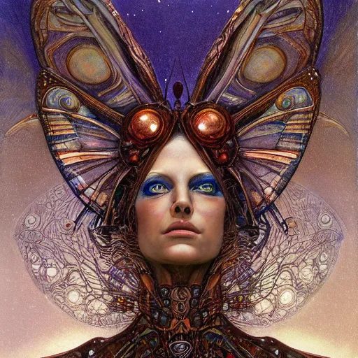 Prompt: realistic illustration of a beautiful rusted mechanical faerie queen with glowing eyes, moth wings with geometric patterns, reflective detailed textures, baroque dark fantasy science fiction painting by donato giancola and diego rivera and jean delville and michael whelan, silver and cool colors, artstation, octane render