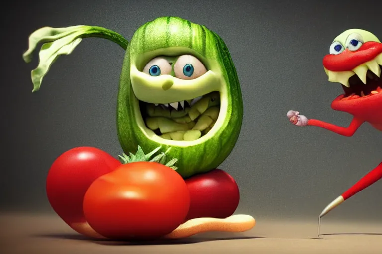 Prompt: detailed 3 d render of a mad zucchini with a long sword chasing after a panicking tomato, hyper realistic octane render, dramatic lighting, high speed chase, wide angle, nightmare, adult pixar surrealism