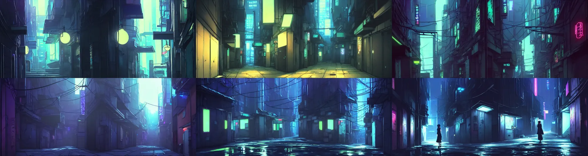 Prompt: a close up of a city alleyway in the atmospheric cyberpunk anime film, gouache matte background painting, neon noir, at night with lights, by makoto shinkai, in the anime series ergo proxy, beautiful specular edge highlights and rim lighting