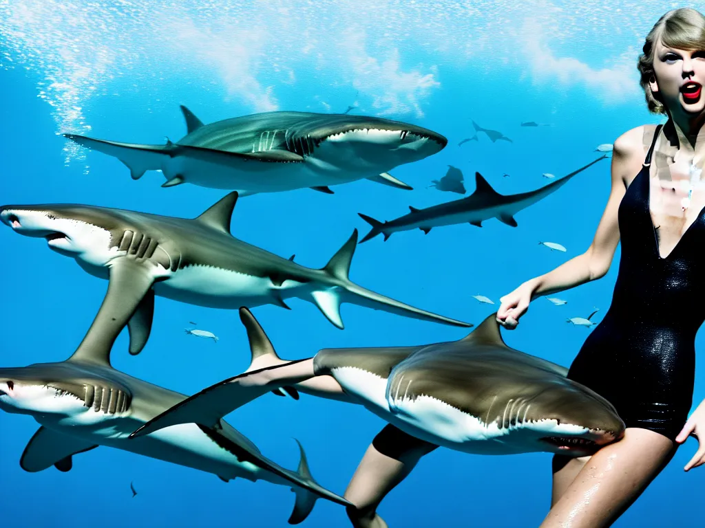 Image similar to taylor swift swimming with sharks in the sea 4 k photograph