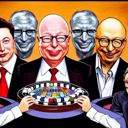 Image similar to UHD photorealistic Elon Musk playing poker with Satoshi Nakamoto, Klaus Schwab, and Bill Gates, hyperrealistic, correct details, cosmic dynamic lighting, symmetrical faces, accurate faces, in the style of art nouveau