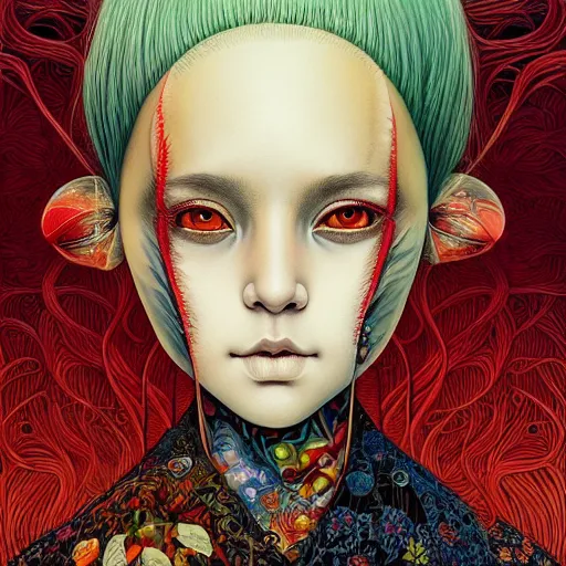 Image similar to beautiful portrait painted in jacek yerka aykut aydogdu and leslie zhang style drawn by sasha bom and takato yamamoto, inspired by cyberpunk, intricate acrylic gouache painting, high detail, sharp high detail, artstation, manga and anime