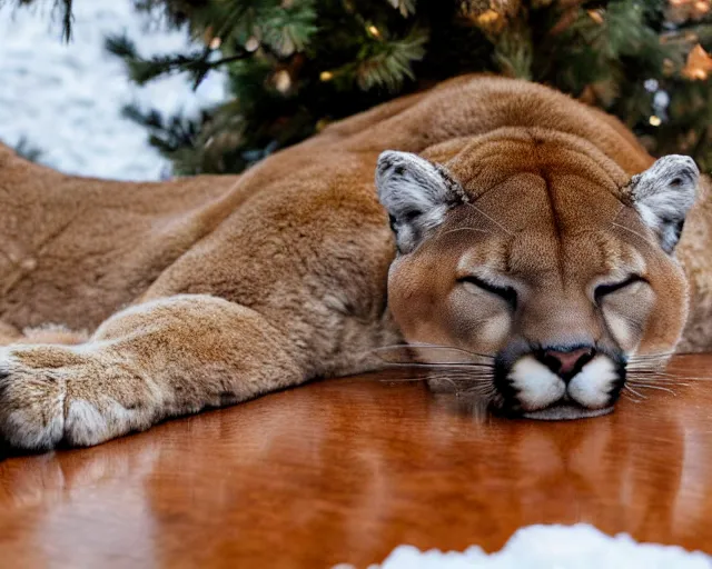 Image similar to colouring book showing 'a cougar sleeping in the middle of snowy pine tree' laying on coffee table, zoomed out shot, HD, iphone capture