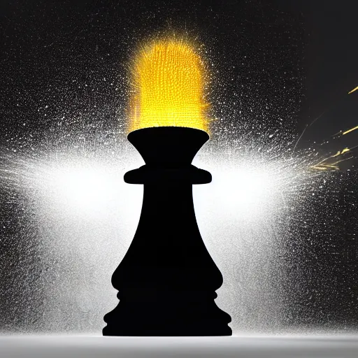 Image similar to a stunning 3 d simulation of a white chess piece exploding with colorful laserbeams, black background, 4 k