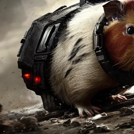 Image similar to guinea pig in gears of war, splash art, movie still, detailed face, photorealistic facial features, cinematic lighting, dramatic, octane render, long lens, shallow depth of field, bokeh, anamorphic lens flare, 8 k, hyper detailed, 3 5 mm film grain