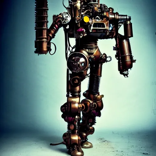 Image similar to real steampunk mech suit with cyberpunk background, photography by annie leibovitz